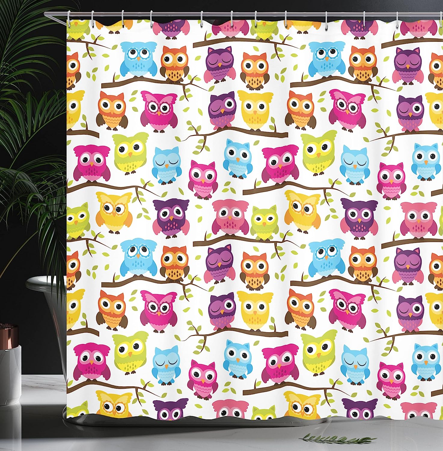 Woodland Owls Shower Curtain, Forest Celebration Friendship Print, Cloth Bathroom Decor - Image 3
