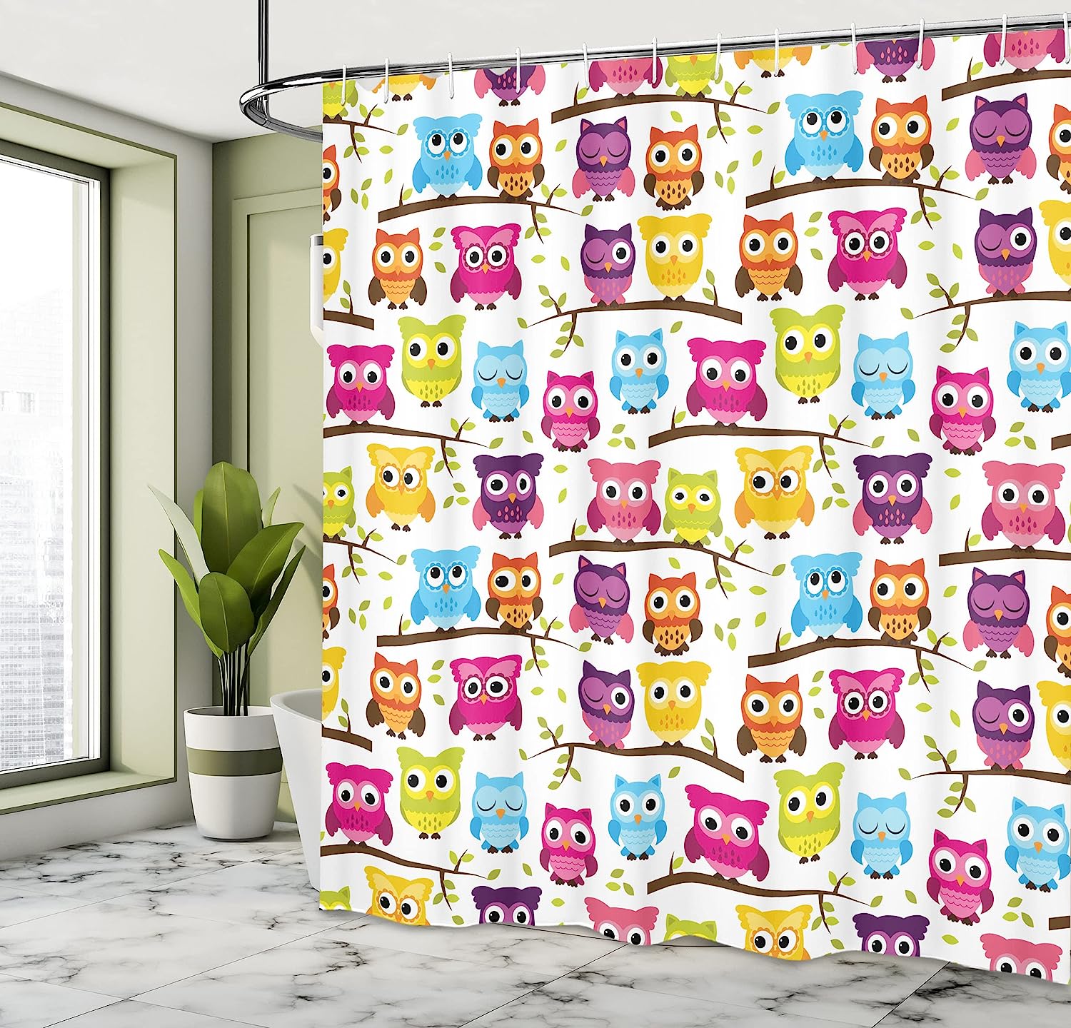 Woodland Owls Shower Curtain, Forest Celebration Friendship Print, Cloth Bathroom Decor - Image 4