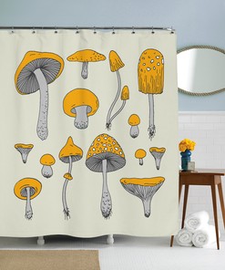 Woodland Yellow Mushroom Shower Curtain with Psychedelic Art Design for a Whimsical Bathroom 