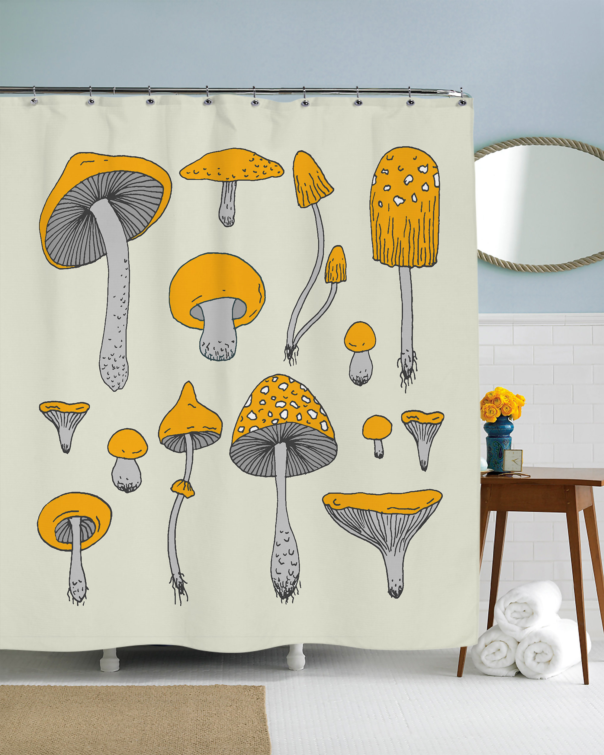 Woodland Yellow Mushroom Shower Curtain with Psychedelic Art Design for a Whimsical Bathroom