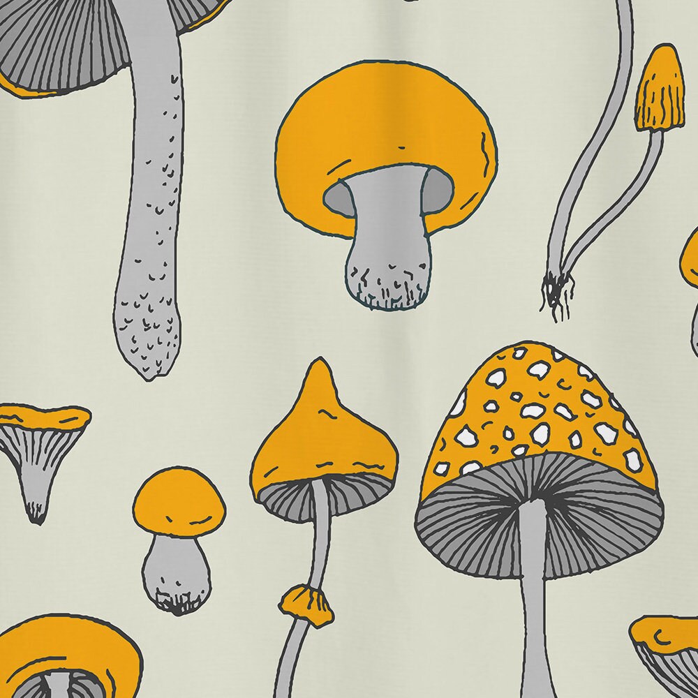 Woodland Yellow Mushroom Shower Curtain with Psychedelic Art Design for a Whimsical Bathroom