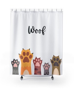 Woof Shower Curtain With Funny Dog Paw Print - Kids Bathroom Decor