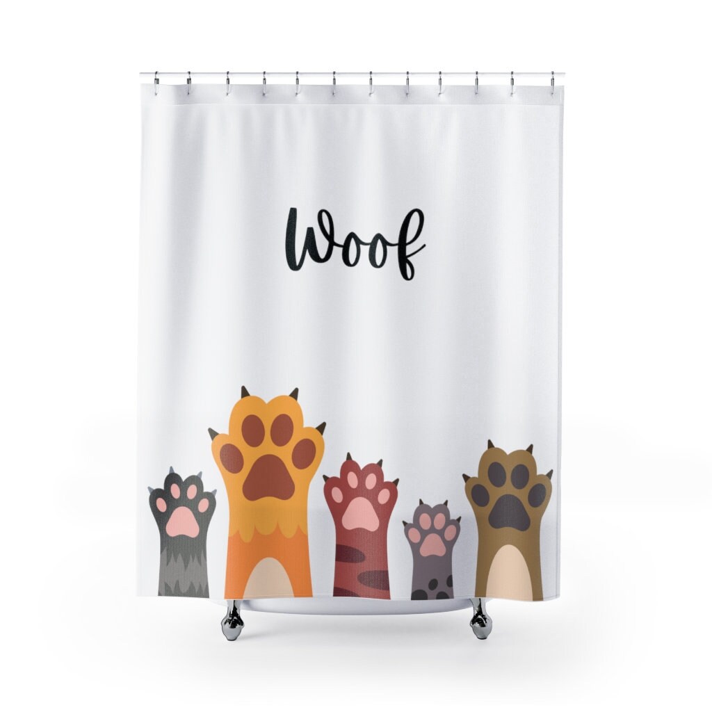 Woof Shower Curtain With Funny Dog Paw Print - Kids Bathroom Decor