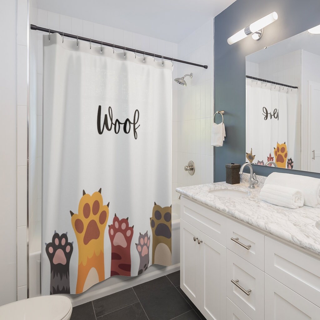 Woof Shower Curtain With Funny Dog Paw Print - Kids Bathroom Decor - Image 2
