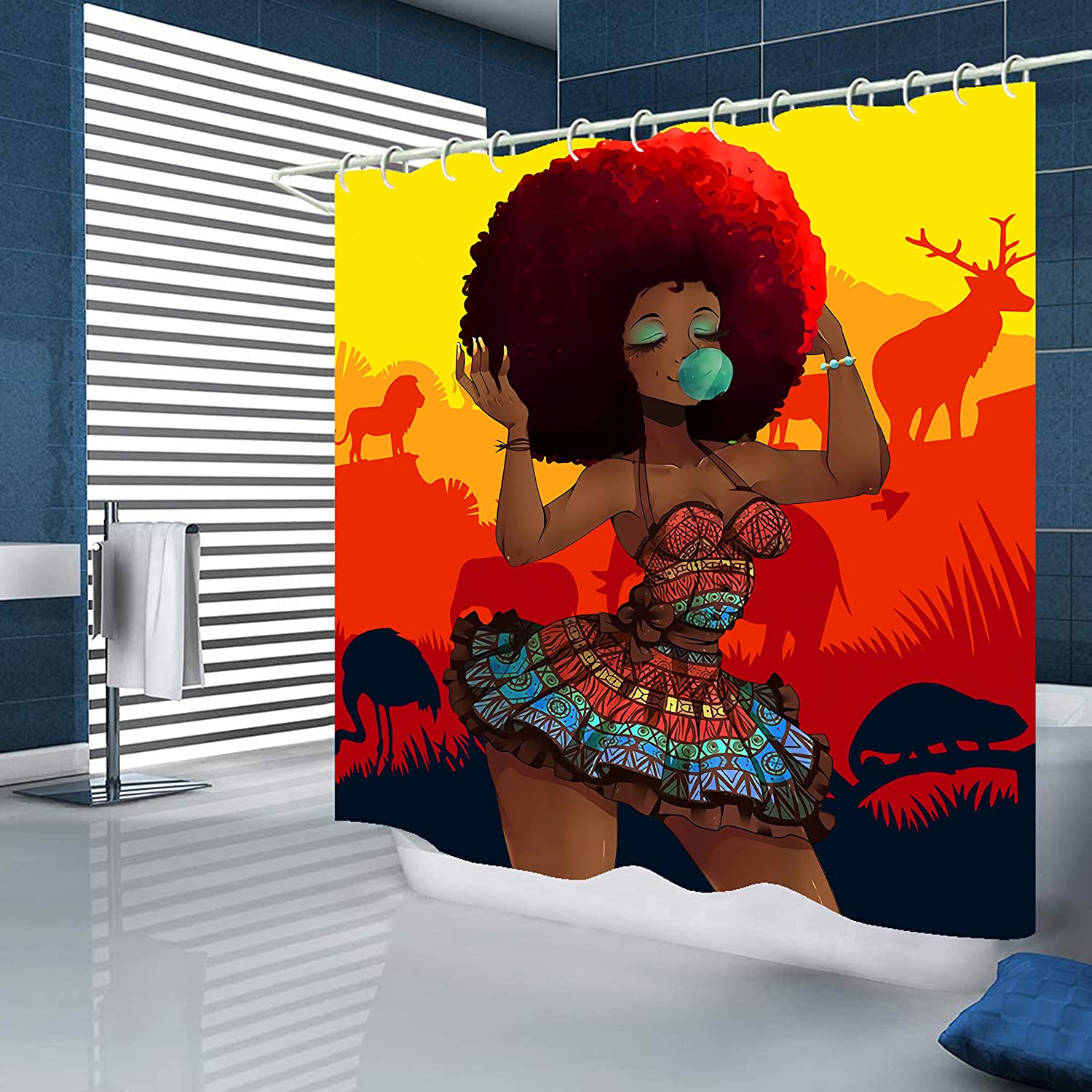 Yellow African American Woman Shower Curtain With Black Girl Bathroom Decor - Image 2