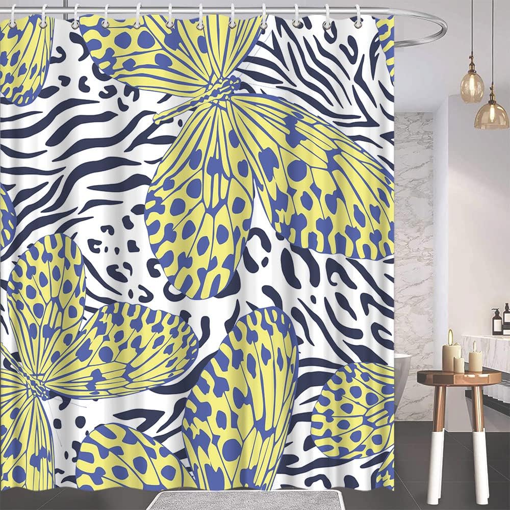 Yellow And Blue Butterfly Shower Curtain For Artistic Bathroom.