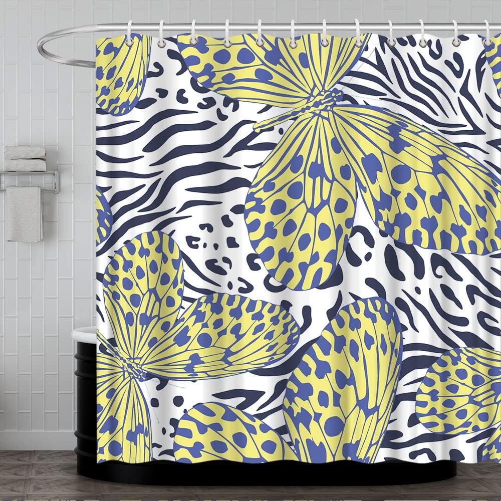Yellow And Blue Butterfly Shower Curtain For Artistic Bathroom. - Image 3