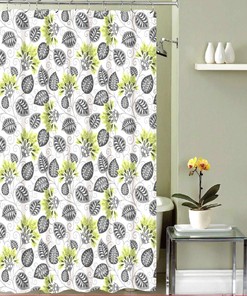 Yellow And Green Decorative Floral Print Shower Curtain With Grey Leaves For A Cheerful Bathroom Look