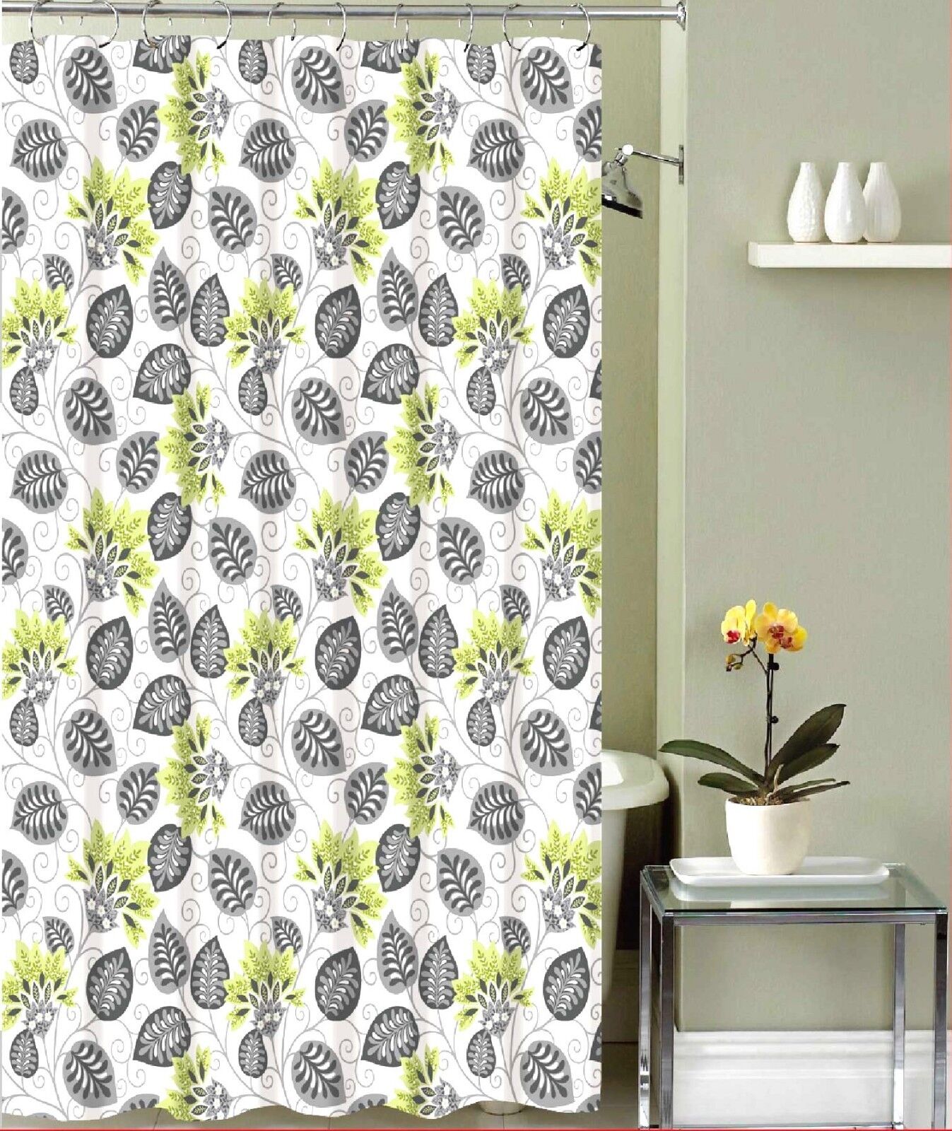 Yellow And Green Decorative Floral Print Shower Curtain With Grey Leaves For A Cheerful Bathroom Look