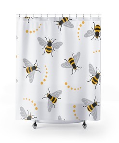 Yellow Bee Print Shower Curtain, Cute Bee Bathroom Decor, Best Seller Curtain