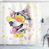 Yellow Beige Watercolor Husky Dog Shower Curtain, Funny Dog With Sunglasses Cool Puppy Humorous Picture