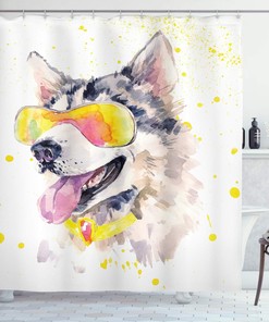 Yellow Beige Watercolor Husky Dog Shower Curtain, Funny Dog With Sunglasses Cool Puppy Humorous Picture