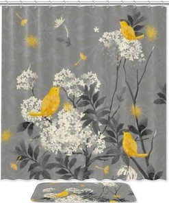 Yellow Bird Fabric Shower Curtain Liner With Dandelion Print For Your Bathroom