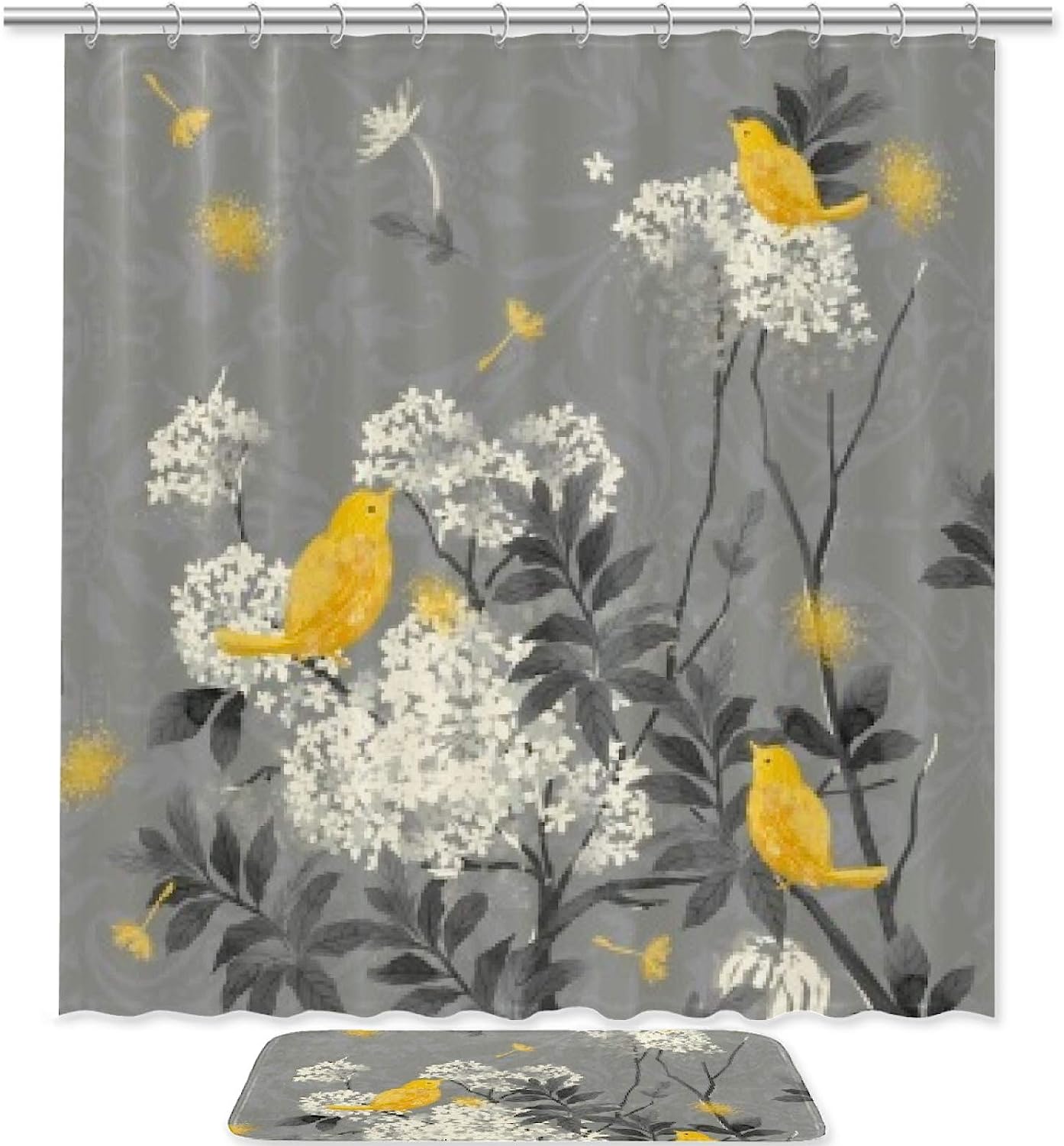 Yellow Bird Fabric Shower Curtain Liner With Dandelion Print For Your Bathroom
