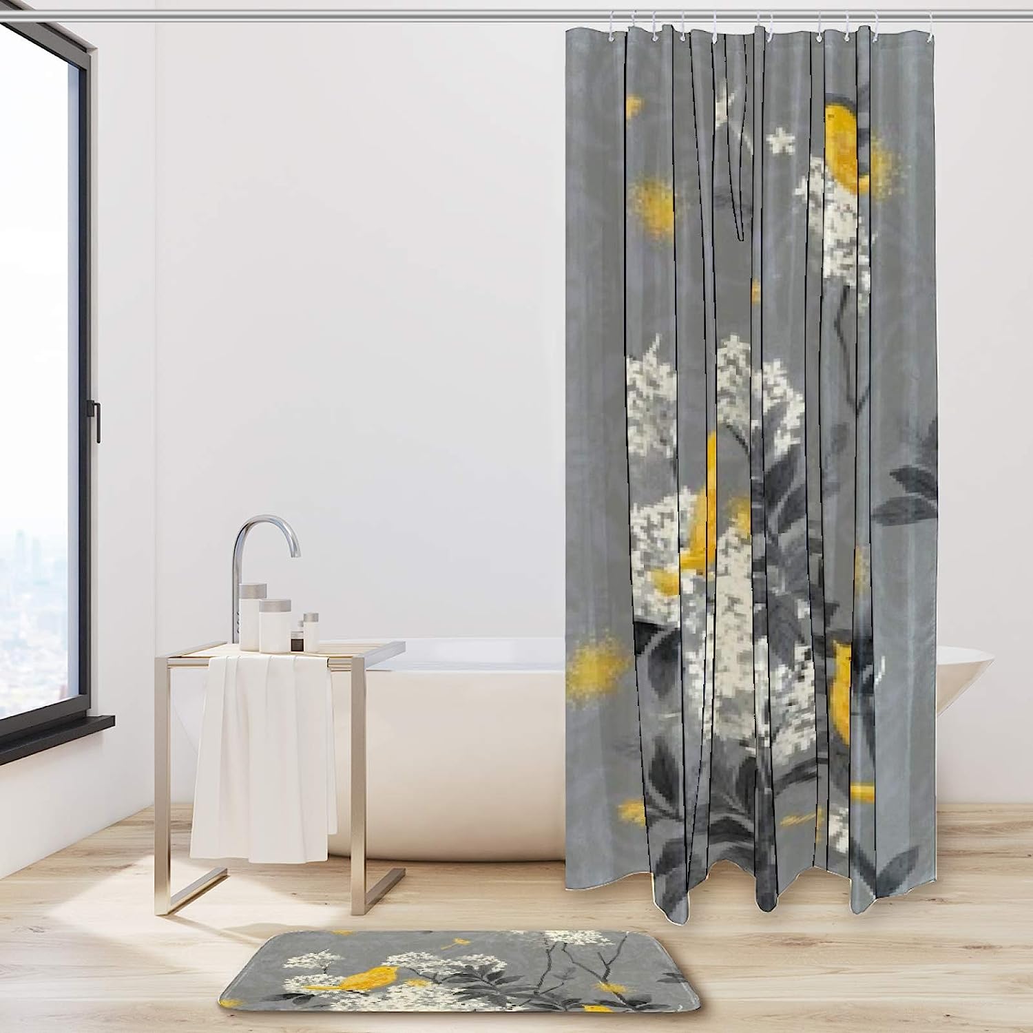 Yellow Bird Fabric Shower Curtain Liner With Dandelion Print For Your Bathroom - Image 2