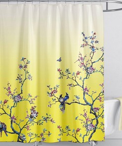 Yellow Bird Floral Mold-Proof Shower Curtain with Butterfly