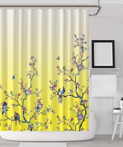 Yellow Bird Floral Mold-Proof Shower Curtain with Butterfly