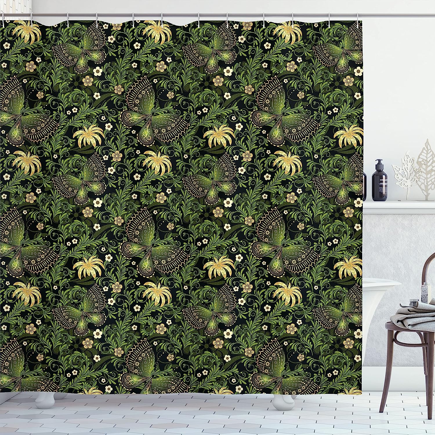 Yellow Black Green Sage Shower Curtain With Spring Inspired Ornaments