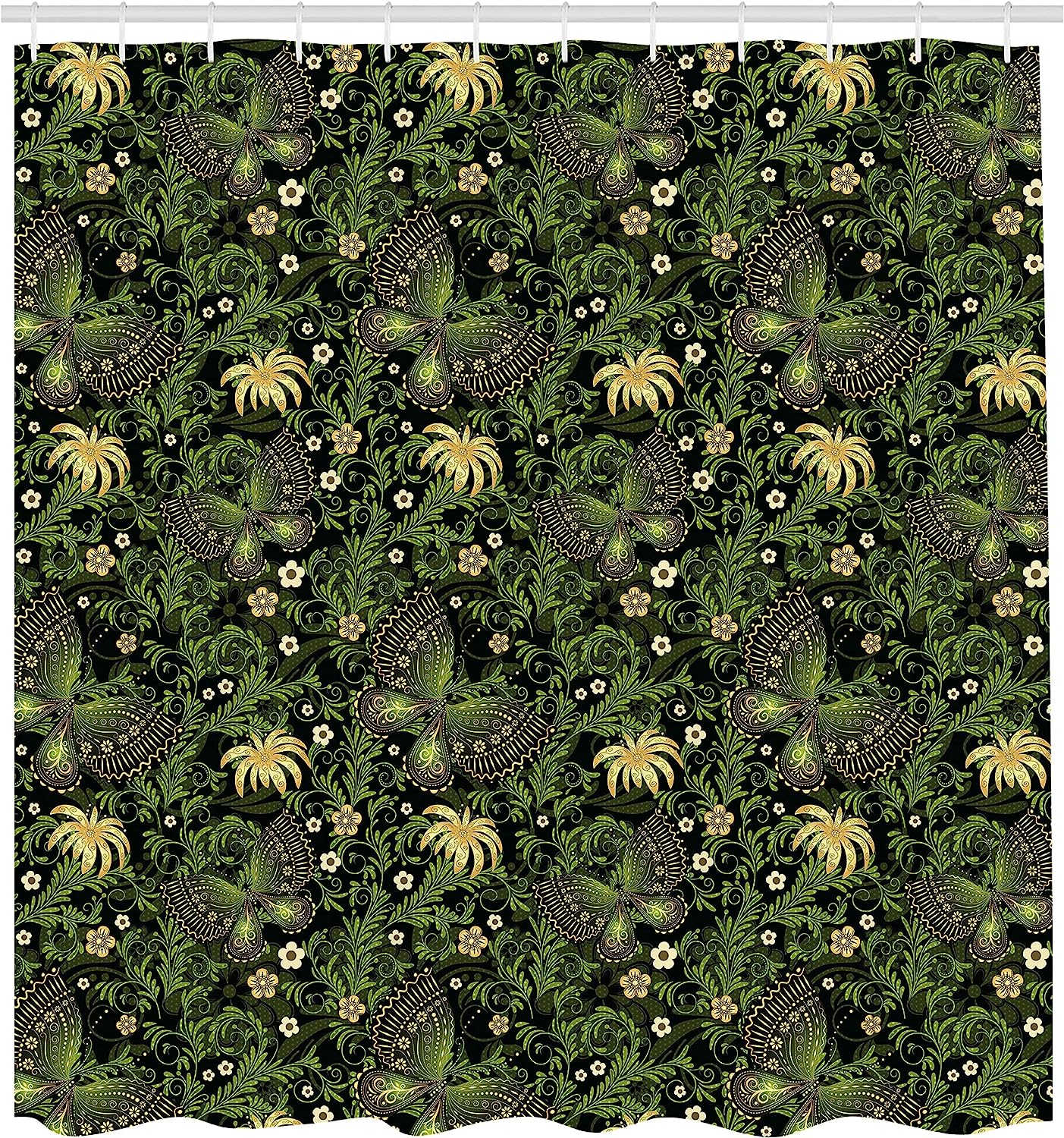 Yellow Black Green Sage Shower Curtain With Spring Inspired Ornaments - Image 2
