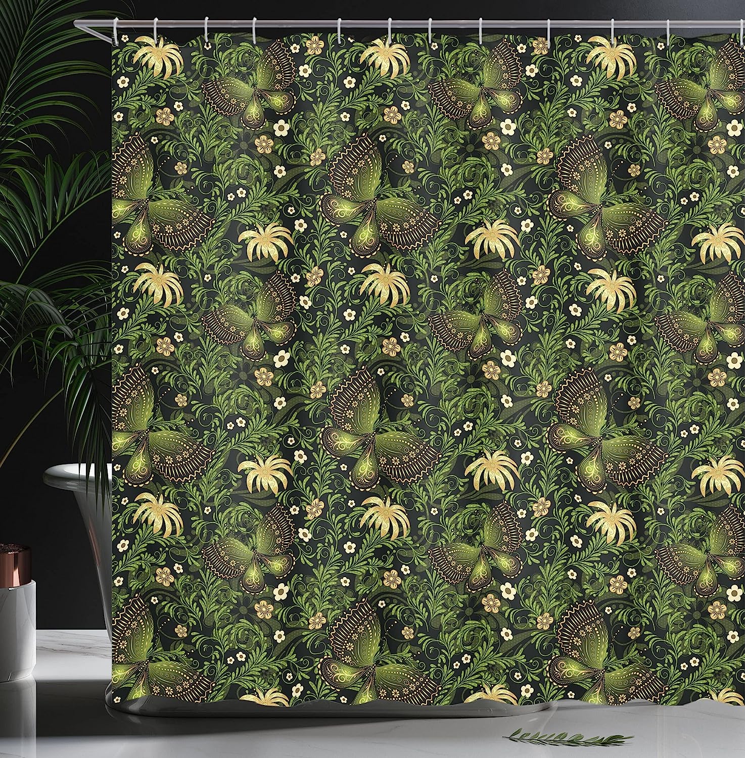 Yellow Black Green Sage Shower Curtain With Spring Inspired Ornaments - Image 3
