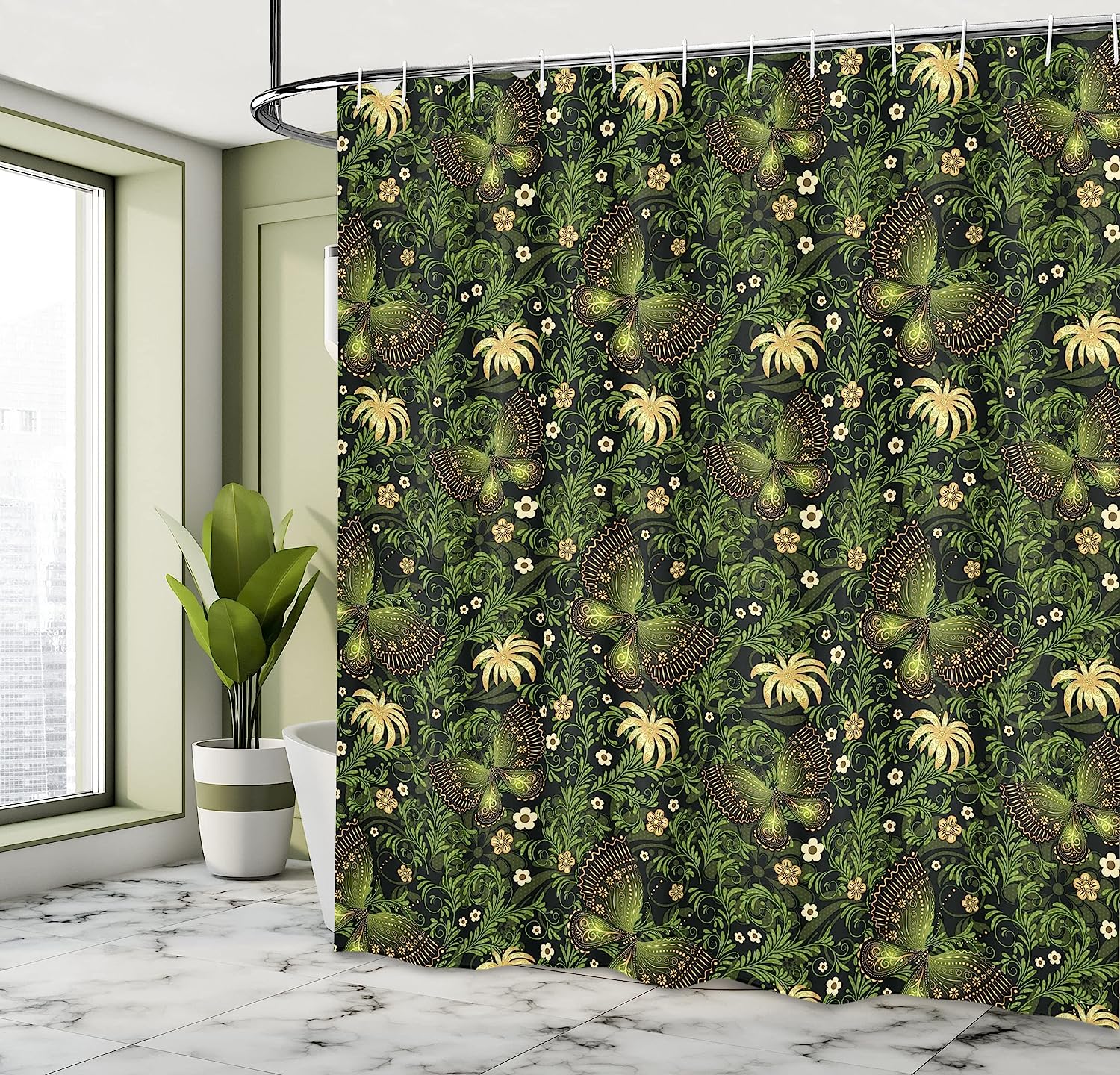 Yellow Black Green Sage Shower Curtain With Spring Inspired Ornaments - Image 4