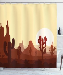 Yellow Brown Redwood Arid Country Landscape Sunset In Stone Desert Saguaro And Mountains Shower Curtain