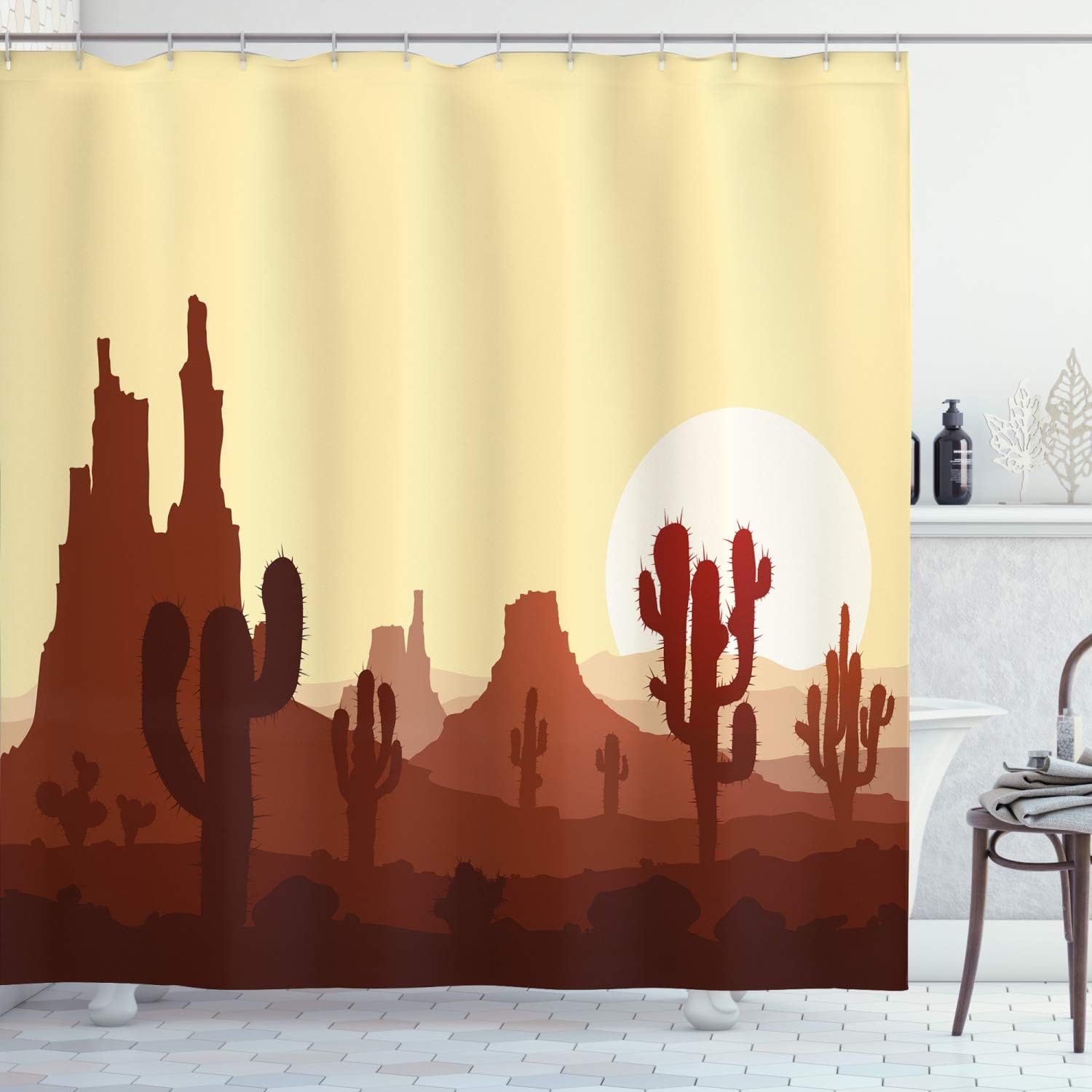 Yellow Brown Redwood Arid Country Landscape Sunset In Stone Desert Saguaro And Mountains Shower Curtain
