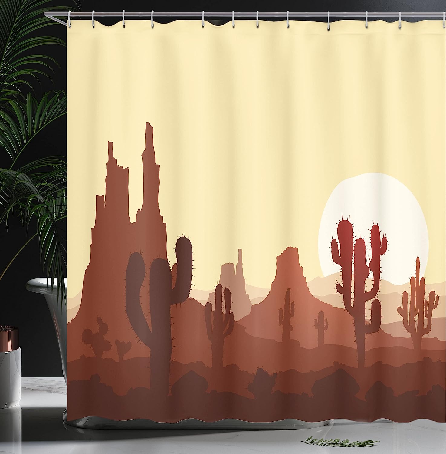 Yellow Brown Redwood Arid Country Landscape Sunset In Stone Desert Saguaro And Mountains Shower Curtain - Image 3