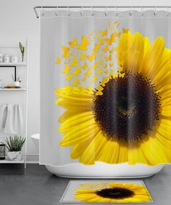Yellow Butterfly and Sunflower Print Shower Curtain for Modern Abstract Bathroom Decor