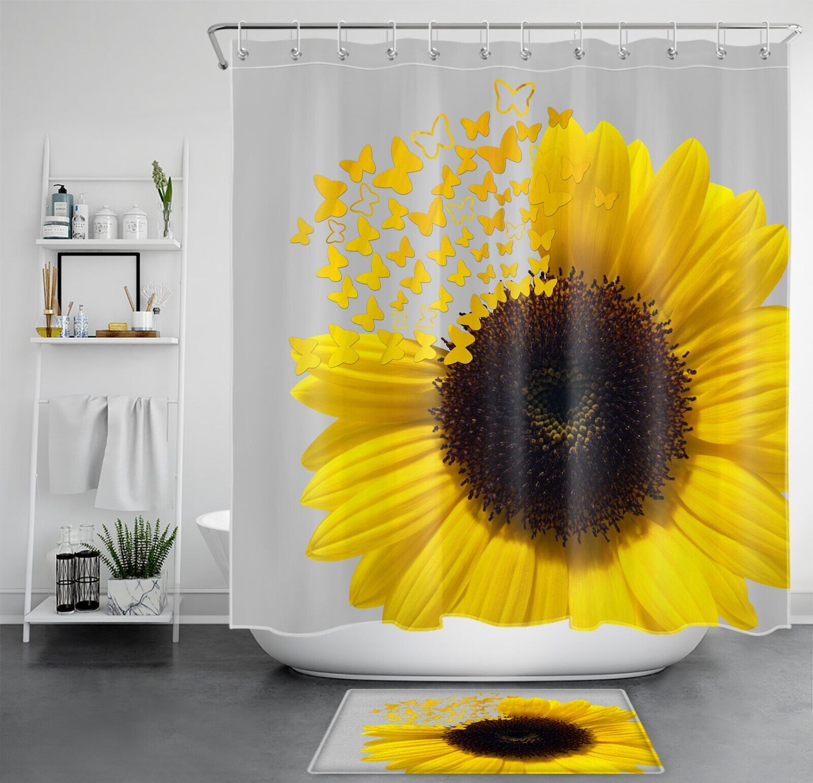 Yellow Butterfly and Sunflower Print Shower Curtain for Modern Abstract Bathroom Decor