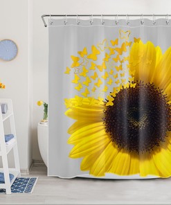 Yellow Butterfly and Sunflower Print Shower Curtain for Modern Abstract Bathroom Decor