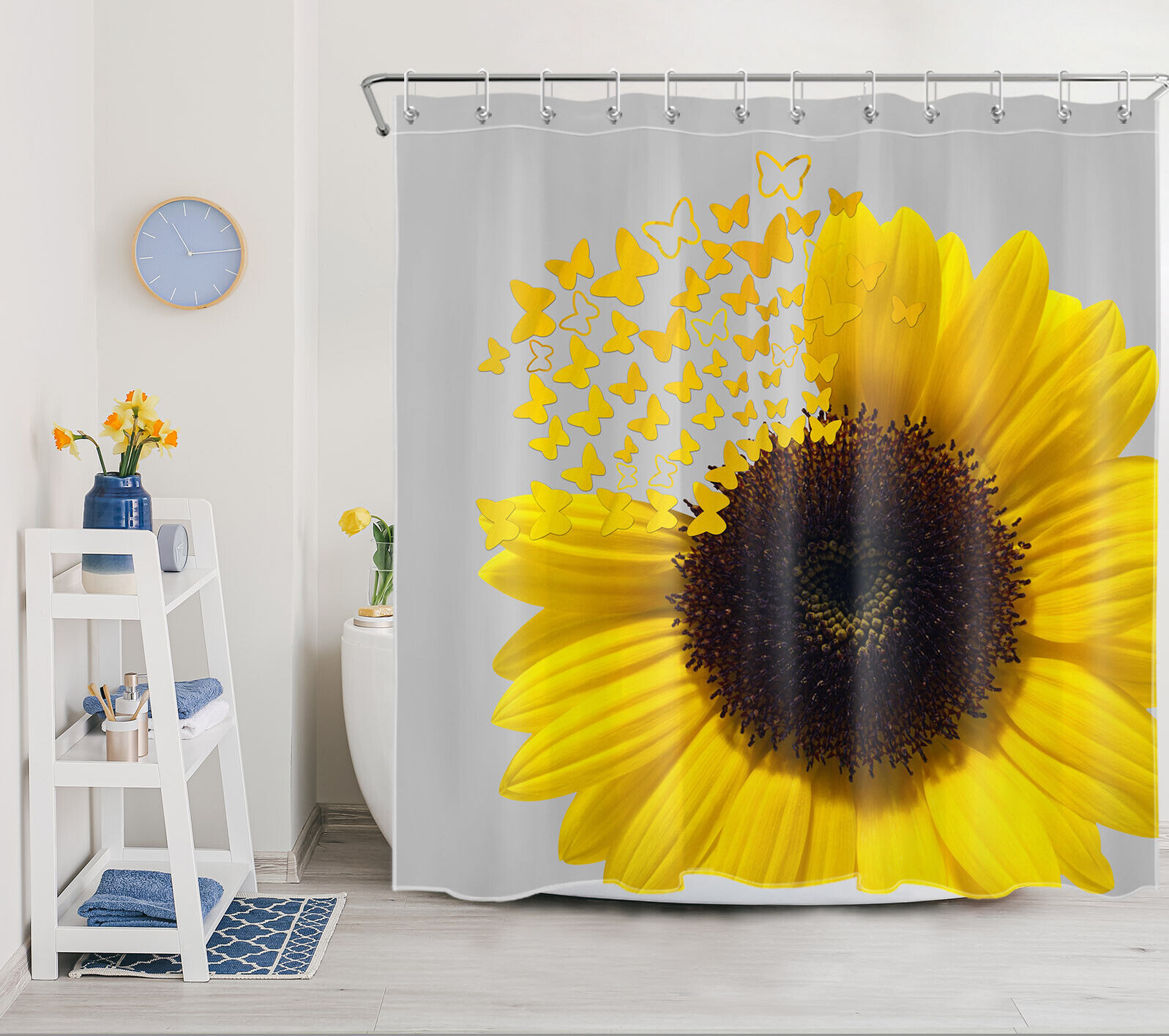 Yellow Butterfly and Sunflower Print Shower Curtain for Modern Abstract Bathroom Decor