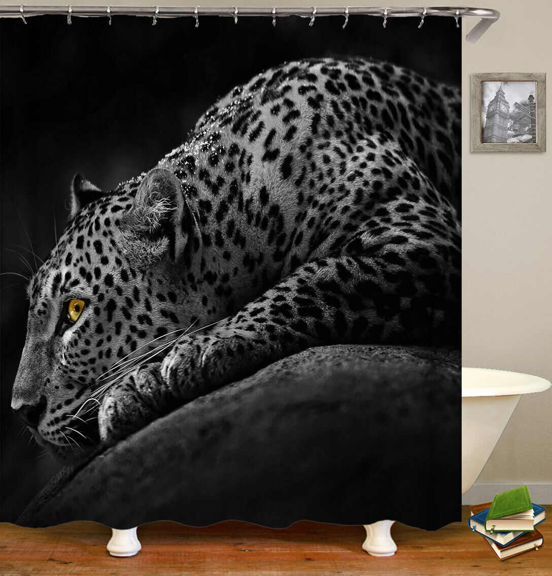 Yellow & Coffee Leopard Print Shower Curtain, Neutral Bathroom Decor