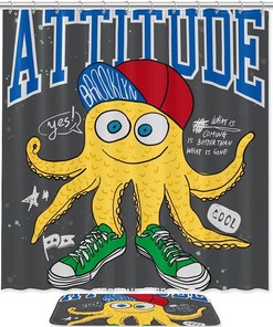 Yellow Cool Octopus Shower Curtain - Cute Under The Sea Bathroom Decor