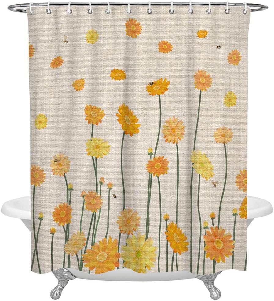 Yellow Daisy Flower Waterproof Shower Curtain for Sunny Bathroom Decor