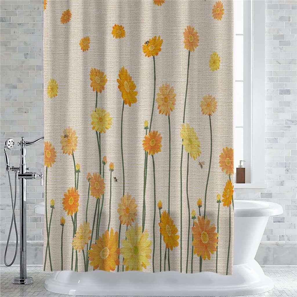 Yellow Daisy Flower Waterproof Shower Curtain for Sunny Bathroom Decor