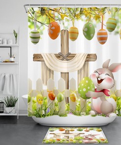 Yellow Floral Rabbit Shower Curtain with Easter Eggs for a Spring Bathroom Decor