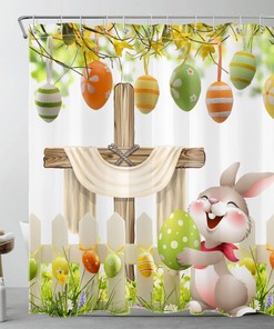 Yellow Floral Rabbit Shower Curtain with Easter Eggs for a Spring Bathroom Decor
