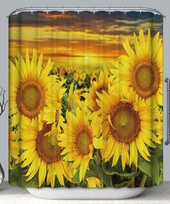 Yellow Flower Field Sunset Shower Curtain, Nature Scenery Bathroom Decor, Unique Design
