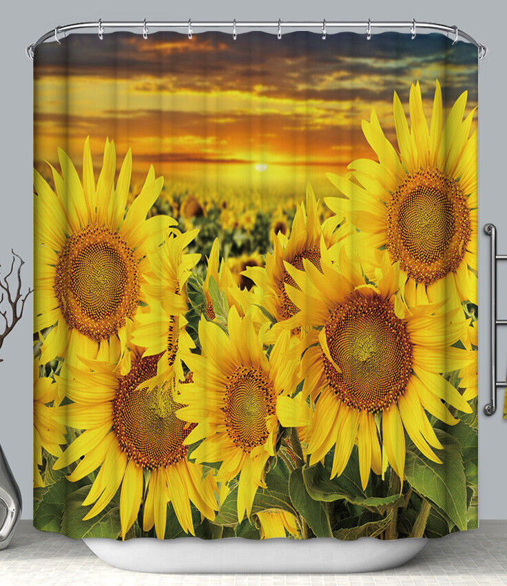 Yellow Flower Field Sunset Shower Curtain, Nature Scenery Bathroom Decor, Unique Design