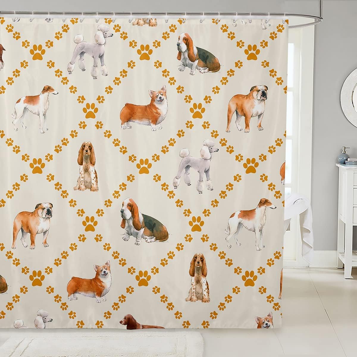 Yellow Footprint Dog Paws Print Cute Dogs Shower Curtain for Fun Bathroom Decor