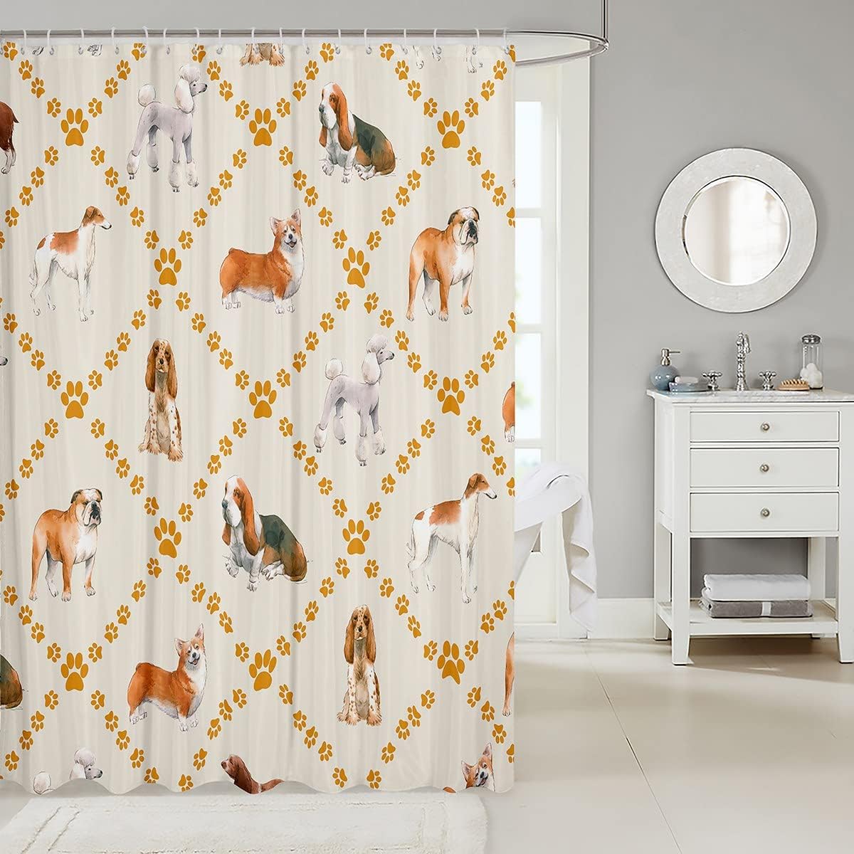 Yellow Footprint Dog Paws Print Cute Dogs Shower Curtain for Fun Bathroom Decor