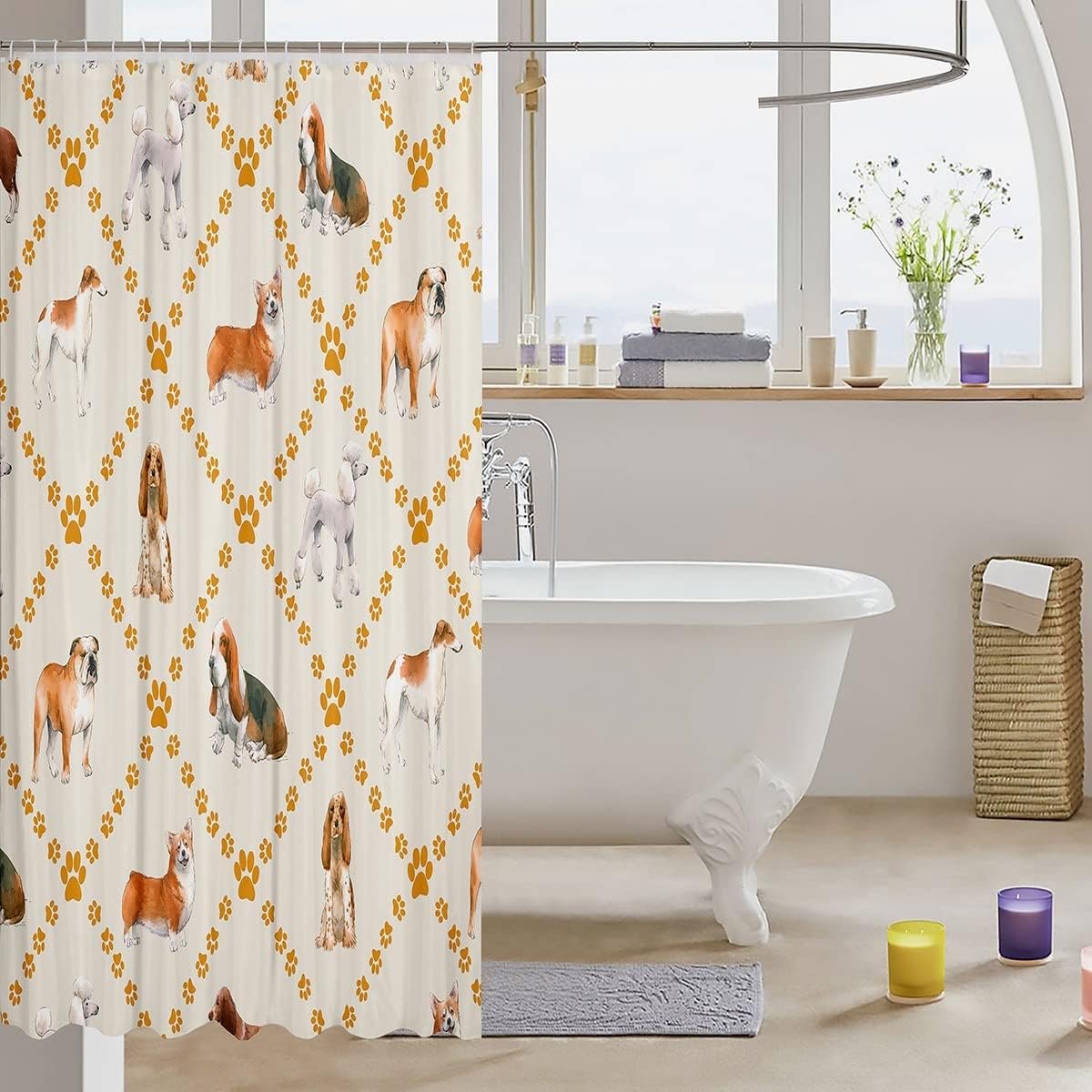 Yellow Footprint Dog Paws Print Cute Dogs Shower Curtain for Fun Bathroom Decor