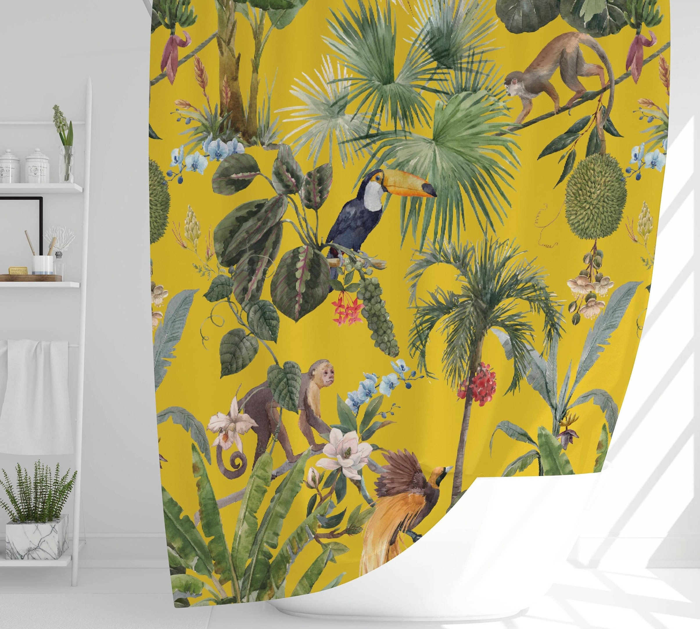 Yellow Forest Animal Shower Curtain for Nature-Inspired Bathroom Decor