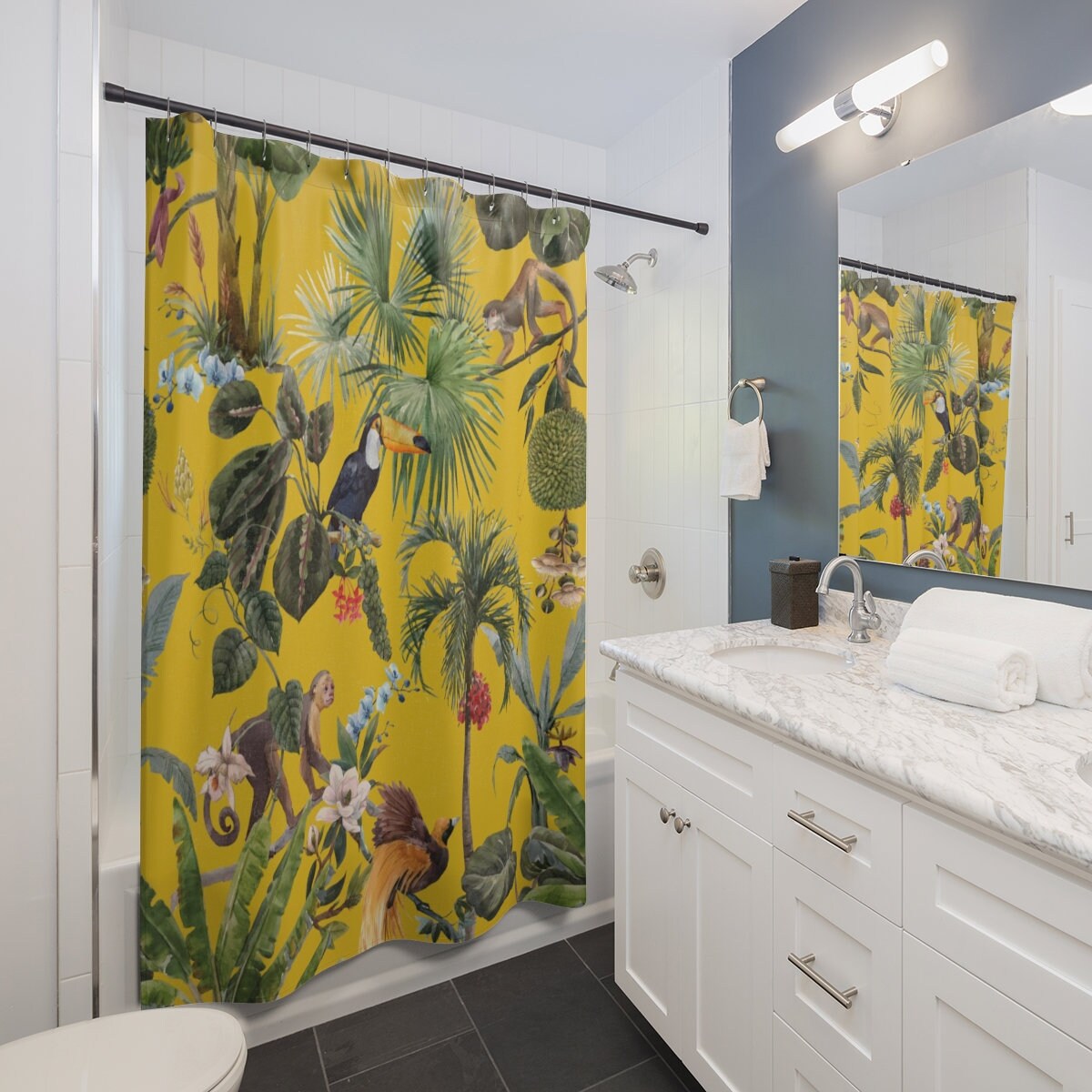 Yellow Forest Animal Shower Curtain for Nature-Inspired Bathroom Decor
