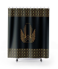 Yellow Geometric Shower Curtain In Japanese Style, Art Deco Bathroom Decor With Black Accents