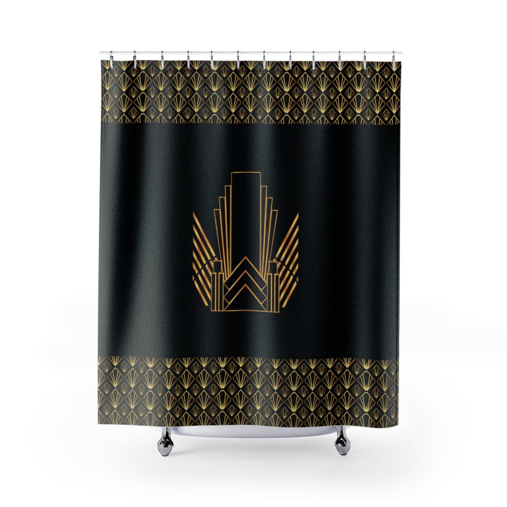 Yellow Geometric Shower Curtain In Japanese Style, Art Deco Bathroom Decor With Black Accents