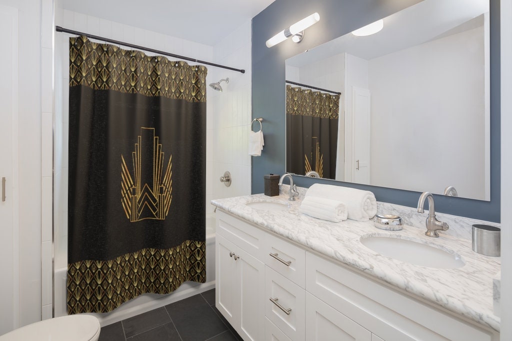 Yellow Geometric Shower Curtain In Japanese Style, Art Deco Bathroom Decor With Black Accents - Image 2