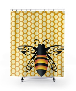 Yellow Honey Bee Hive Shower Curtain For Bathroom Decor, Big Bee Shower Curtain In Cute Design