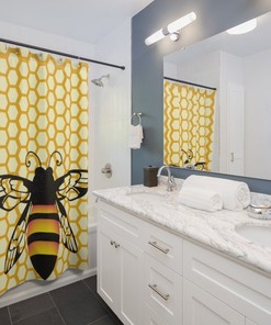 Yellow Honey Bee Hive Shower Curtain For Bathroom Decor, Big Bee Shower Curtain In Cute Design